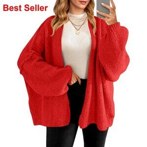 Oversized Cardigan Sweater Open Front Chunky Knit Long Lantern Sleeve